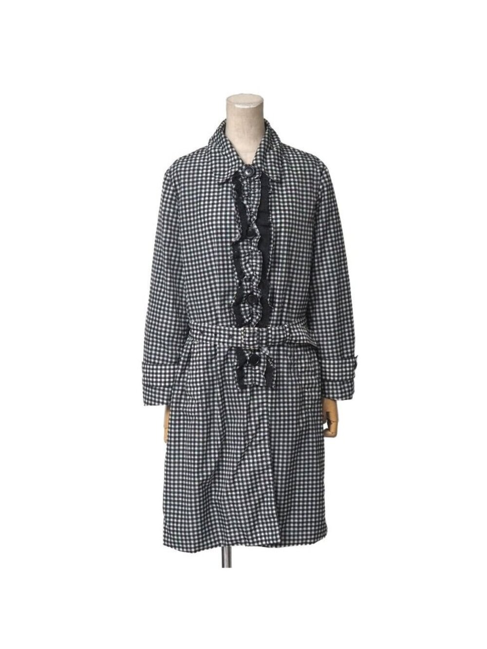 Prada Coat 38 Check Ruffle Soutien Collar Belted